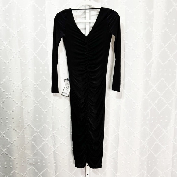 🎂 300. Rachel Roy Black Ruched Long Sleeve Bodycon Midi Dress Size XS NWT - Picture 5 of 9